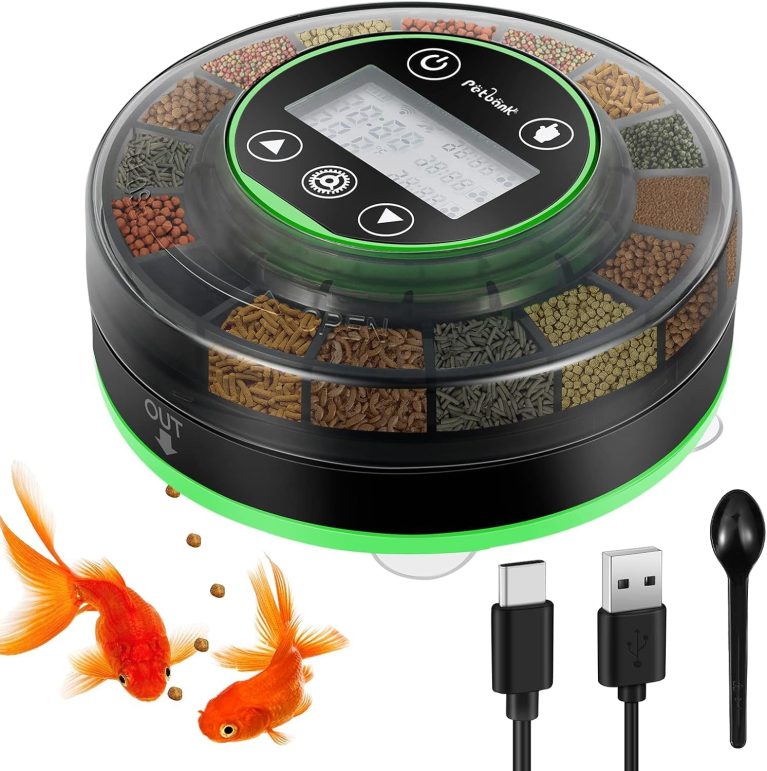 Petbank Mangeoire Automatique pour Poissons d'Aquarium, Distributeur Automatique de Nourriture avec Minuterie, Rechargeable USB, Écran LCD